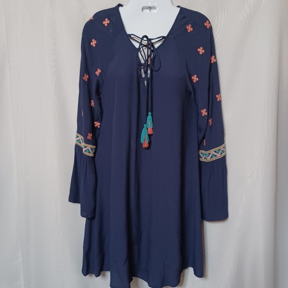 SUGAR + LIPS Navy Blue Embroidered Dress With Long Bell Sleeves. Size S - Picture 6 of 15